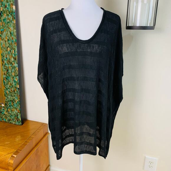 Avenue Size 14/16 Batwing Tunic SweaterTop Black Semi Sheer Striped Open Knit - Picture 1 of 9